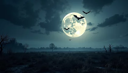 Eerie full moon with bats flying over dark field, Halloween night