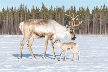 Obraz premium Female reindeer with their young are a common sight during spring
