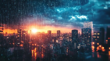 Fototapeta premium Rain-soaked cityscape at dusk, illuminated by the orange glow of sunset beyond the horizon