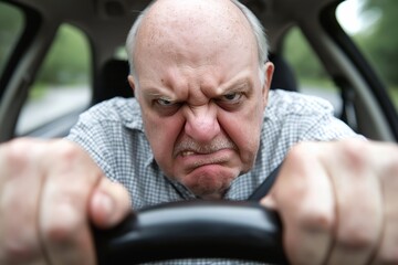 Angry elderly caucasian male driving a car with intense expression
