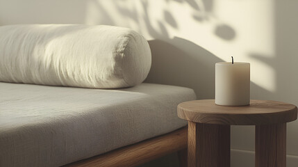 Relaxing daybed setting with a natural aesthetic and soft light; candle on a stool next to the daybed