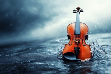 Fototapeta premium Violin in ocean waves: dramatic music concept in stormy sea