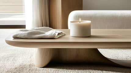 Minimalist interior: Candle and soft linen cloth on a light wood table, creating a tranquil ambiance.