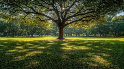 Majestic tree casting shadows on a sunlit green lawn in a park