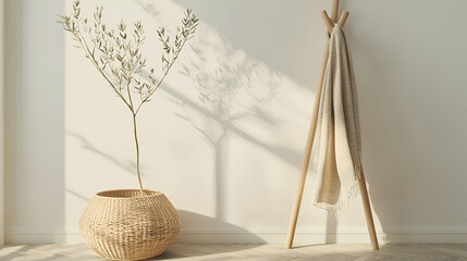 Minimalist entryway with natural light, coat rack and decorative plant in a wicker basket.
