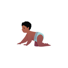 Vector illustration of cute crawling baby boy with dark skin in diaper.