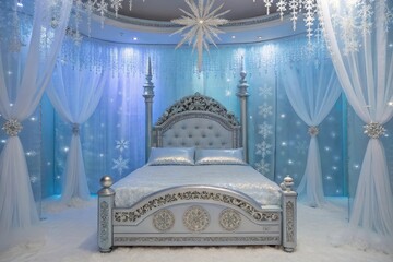 Snow-covered bedroom showcasing the enchanting theme of the snow maiden, adorned with elegant decorations and a serene atmosphere