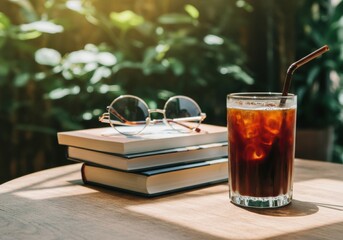 Refreshing iced coffee beside books and glasses in a cozy setting