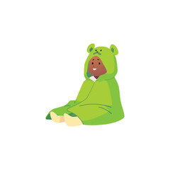 Cute little baby sitting in green towel with muzzle and ears, vector cartoon first year child wiping after shower, bath