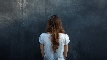 Obraz premium Woman facing blackboard in thoughtful pose