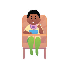 Cute lovely little baby sitting in high chair and eating with a spoon, vector cartoon first year child feeding, infant