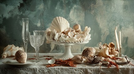 Elegant dessert table with shells and glassware
