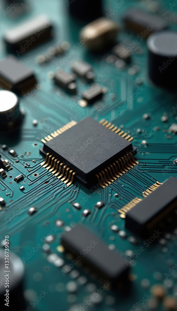 Leinwandbilder close-up view of microchip on circuit board. semiconductor with golden pins, electronic components. 