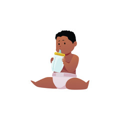Dark-skinned little boy sitting and holding a bottle with a pacifier in his mouth, vector.