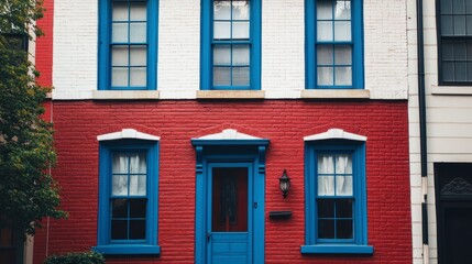 Obraz premium Red brick house with blue windows and door.