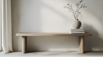Minimalist scene with a wooden bench, vase, and books against a textured wall backdrop for home decor.