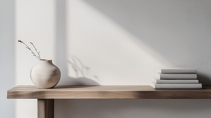 Minimalist tabletop decor featuring a vase with twigs and a stack of books bathed in soft sunlight.
