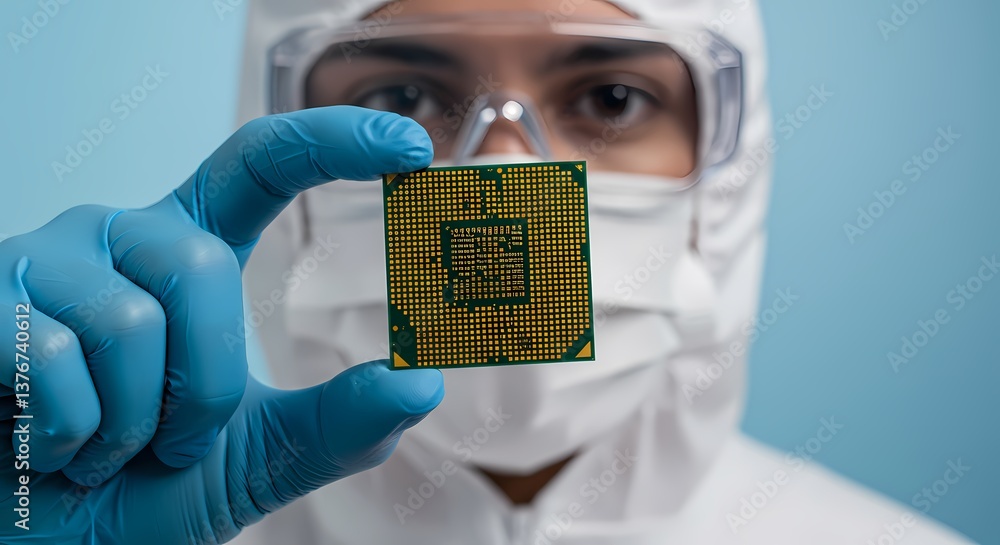 Poster scientist examining computer cpu chip semiconductor technology in lab for microchip development rese
