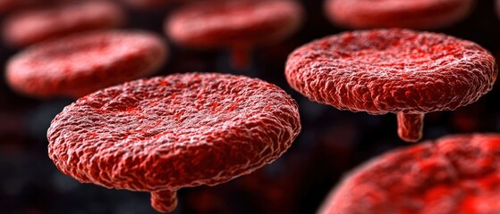 Microscopic view of red blood cells, showcasing their unique biconcave disc shape and textured surface
