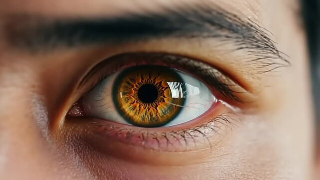 Close-up of a human eye showcasing intricate patterns and vibrant colors, emphasizing detail and texture