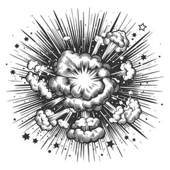Obraz premium explosion illustration with smoke, rays, and dynamic motion lines in comic book engraving style sketch engraving generative ai vector illustration. Scratch board imitation. Black and white image.
