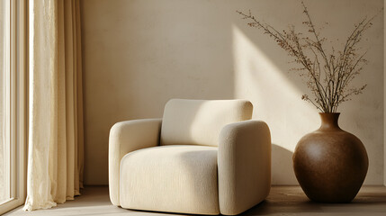 Neutral-toned armchair in a minimalist interior with a clay vase and textured wall bathed in warm sunlight.