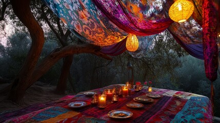 Festive meal setup with colorful canopy and lanterns