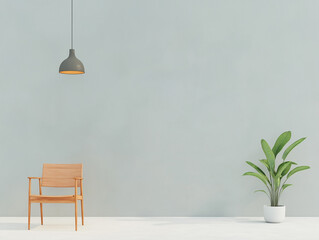 Modern interior design featuring minimalist chair and plant in calming blue-gray space with pendant light