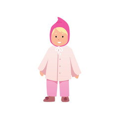 Cute beautiful blond baby girl in outerwear and a pink hat, vector cartoon lovely toddler going for a walk, happy infant