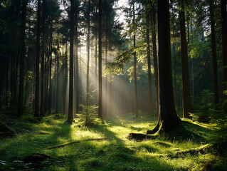 Obraz premium Sunlight streams through trees in a serene forest landscape during the early morning hours