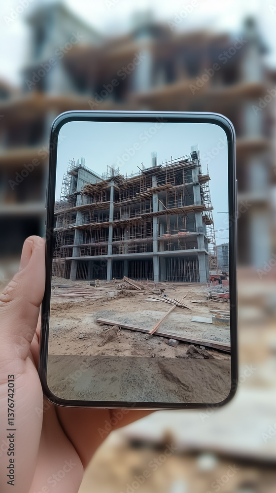 Poster construction worker holding smartphone displaying busy building site with cranes and scaffolding. ur