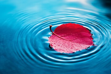 Red leaf floating on calm blue water creating circular ripples