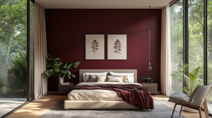 interior design, contemporary burgundy feature wall in a simple bedroom with muted bedding and ample natural light from a big window