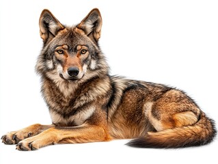 Fototapeta premium The gray wolf lies isolated on a snowy surface with a white backdrop