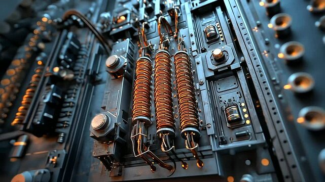 Intense close-up of a towering power transformer, highlighting the maze of copper busbars, heavy-duty cooling radiators, and dense high-voltage lines wrapped around industrial insu