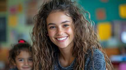 Fototapeta premium Teen girl smiles at classroom