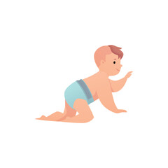 Vector illustration of cute little boy in blue diaper crawling and pointing with raised hand.