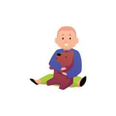 Cute happy baby boy sitting and hugging the dog toy, vector cartoon first year of child, funny infant, cheerful toddler