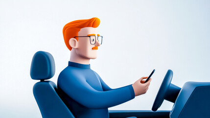 Man driving car and texting on mobile phone, 3d render