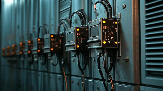 A gritty close-up of a large substation transformer unit, showcasing weathered metal textures, densely packed high-voltage wiring, and oil-filled cooling chambers reflecting ambien