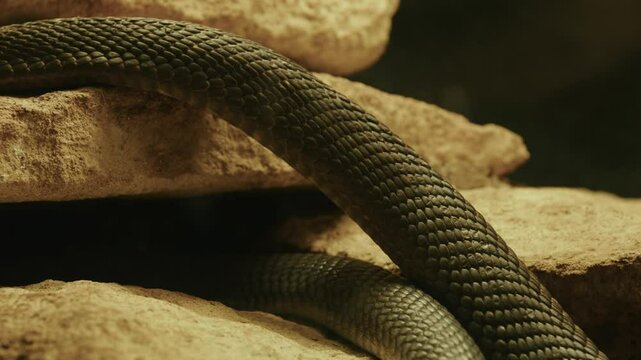 Close-up of a snake coiled on rocks, highlighting its textured scales.