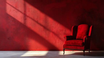 Red accent chair with dramatic sunlight and shadows