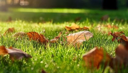close up of fresh green grass with fallen brown leaves