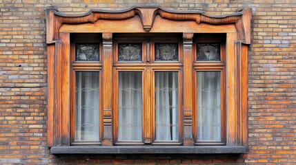 Fototapeta premium Ornate wooden window with stained glass panes set in a brick wall.