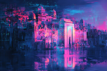 Fototapeta premium Neon Ruins A Glitch Art Vision of Ancient India