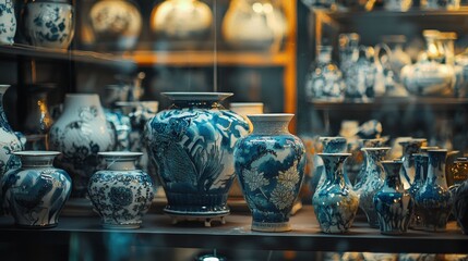 Obraz premium Traditional ceramic pottery displayed on wooden shelves
