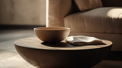 Minimalist still life of a bowl and fabric on a table, next to sofa, bathed in soft light.