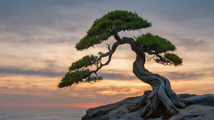 A single, twisted bonsai tree on a rocky cliff, silhouetted against a soft pastel sky