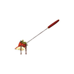 Watercolor sketch of fondue stick with apple and strawberry slice in hot chocolate.
