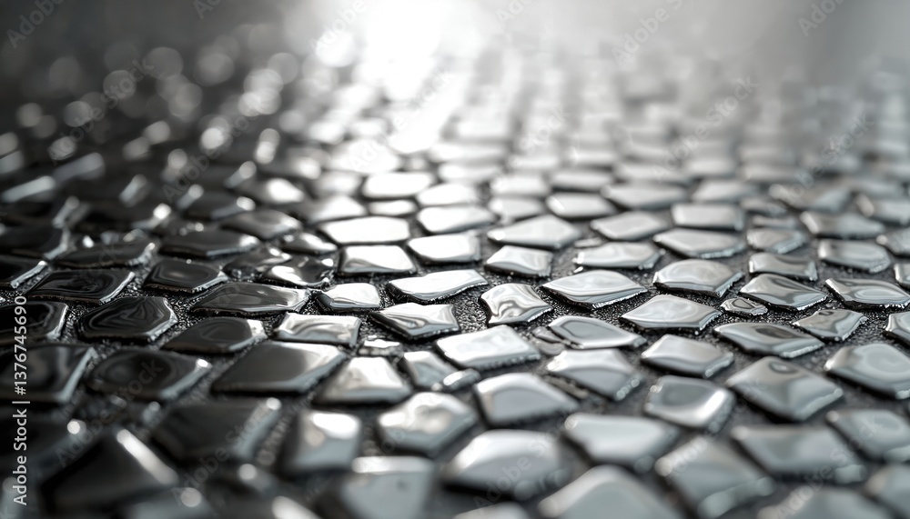 Poster reflective mosaic tiles form shiny metallic surface. intricate patterns, modern design, contemporary